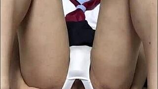 Crossdressing in school uniform for Japanese gay anal play