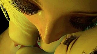 Two hot lesbians bang with a strap-on dildo on the bed.