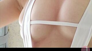 cute innocent girl with big breasts smiles while teasing her ass and feet in naughty video