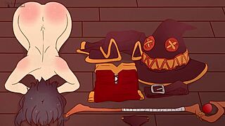 Megumin is completely naked next to things bowing her head and asking a black man to fuck her gods blessing on this wonderful world hentai cartoon parody konosuba
