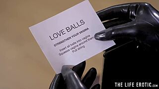 Kinky asian beauty bends over and sticks love balls in her pussy for masturbation