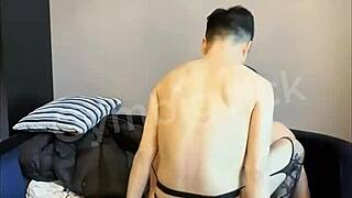 Gay Asian Couple Fucks Bareback in Lingerie and Socks