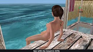 Cute girl in 3d cartoon gives sexy poses on beach and showers!